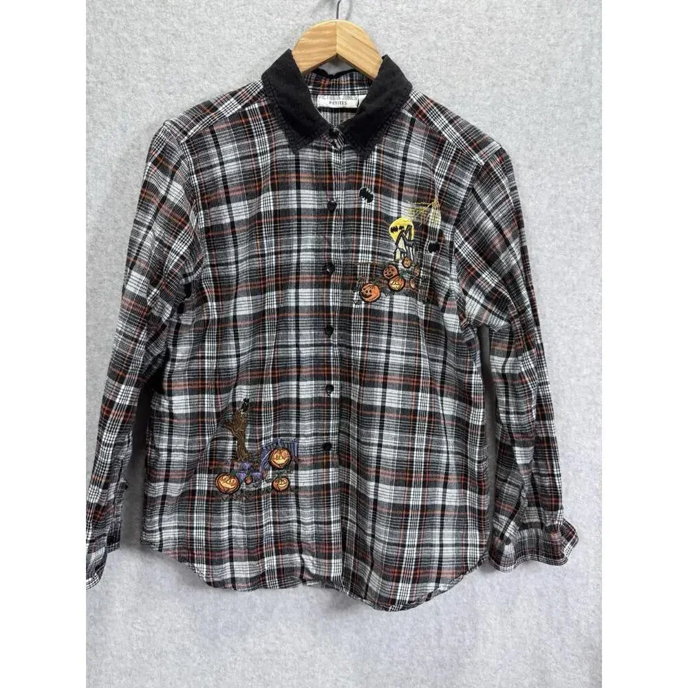 Vintage Victoria Jones Petite Large Halloween Plaid Button Top Holiday Artsy Fun